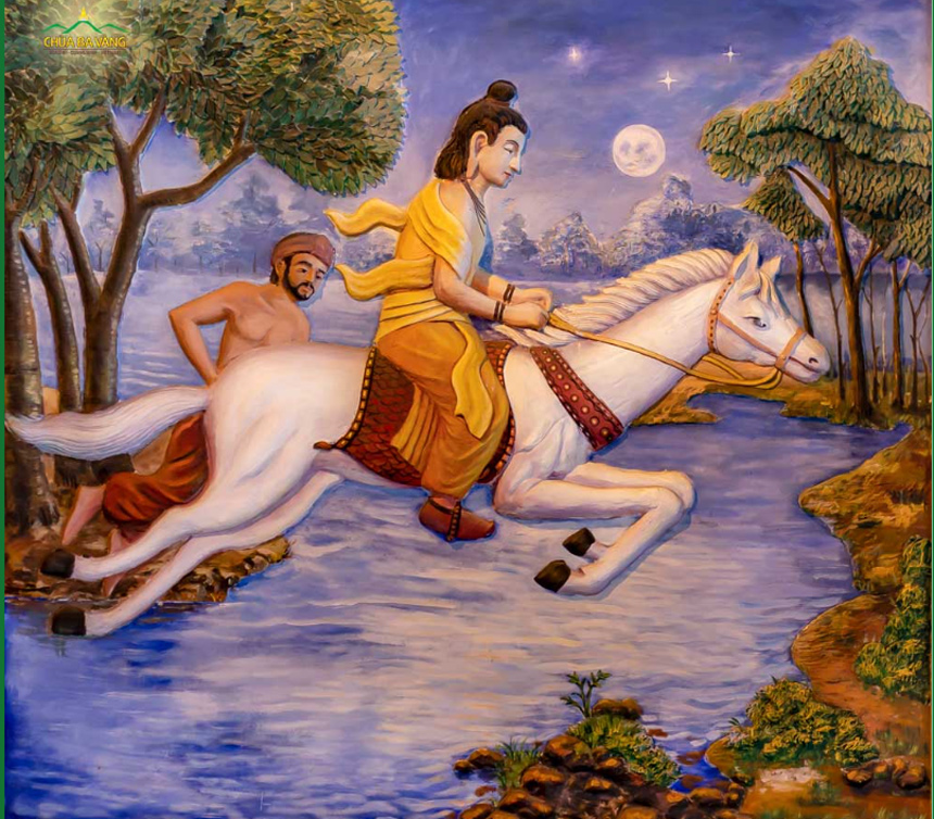 Thái tử Tất Đạt Đa vượt thành ra đi trong đêm cùng Xa Nặc và ngựa Kiền Trắc