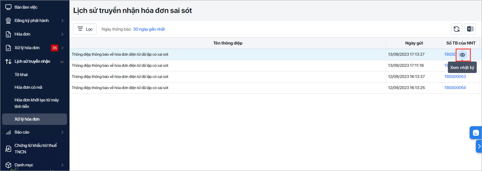 Tra cứu kết quả phản hồi của CQT khi gửi thông báo hóa đơn có sai sót