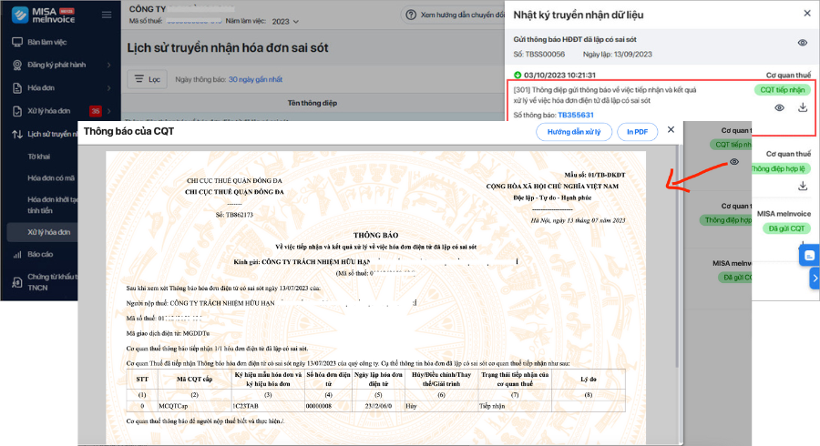 Tra cứu kết quả phản hồi của CQT khi gửi thông báo hóa đơn có sai sót