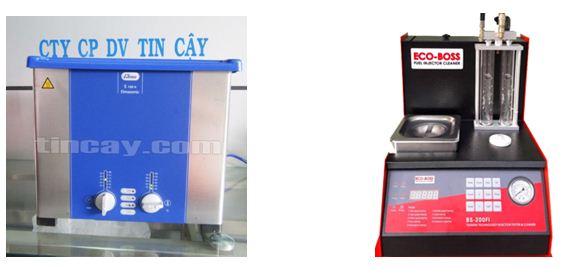 Bể rửa siêu âm trong phòng thí nghiệm (hình bên trái) và máy siêu âm vệ sinh kim xăng (hình bên phải)