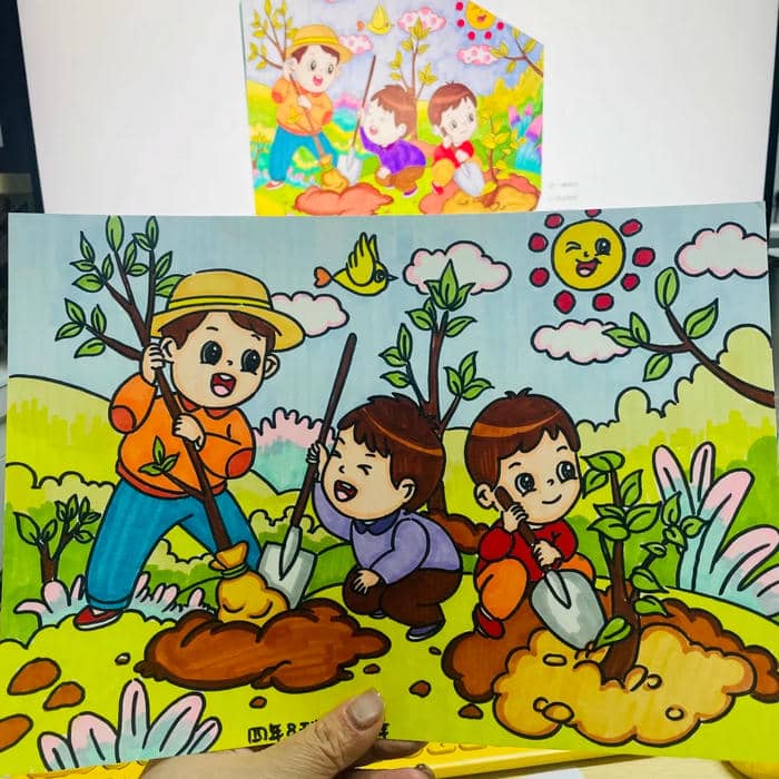 tranh vẽ gia đình trồng cây