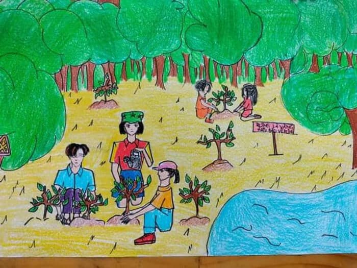tranh vẽ học sinh trồng cây