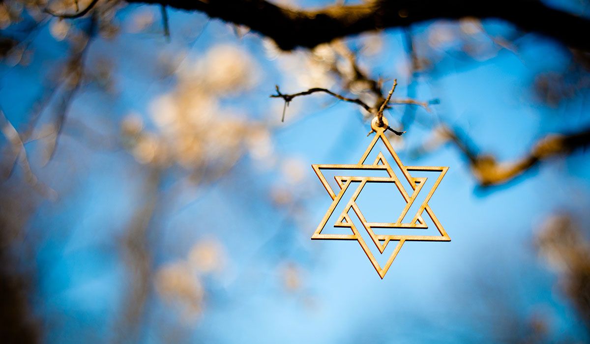 A Star of David hangs on a tree branch.