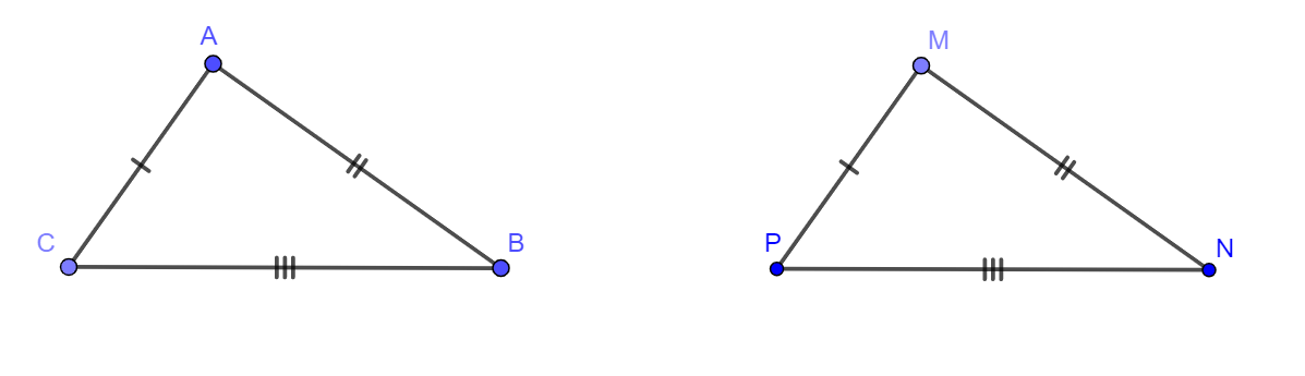Delta ABC = Delta MNP Rightarrow left{ {begin{array}{*{20}{c}} {AB = MN}  {BC = NP}  {AC = MP} end{array}} right.