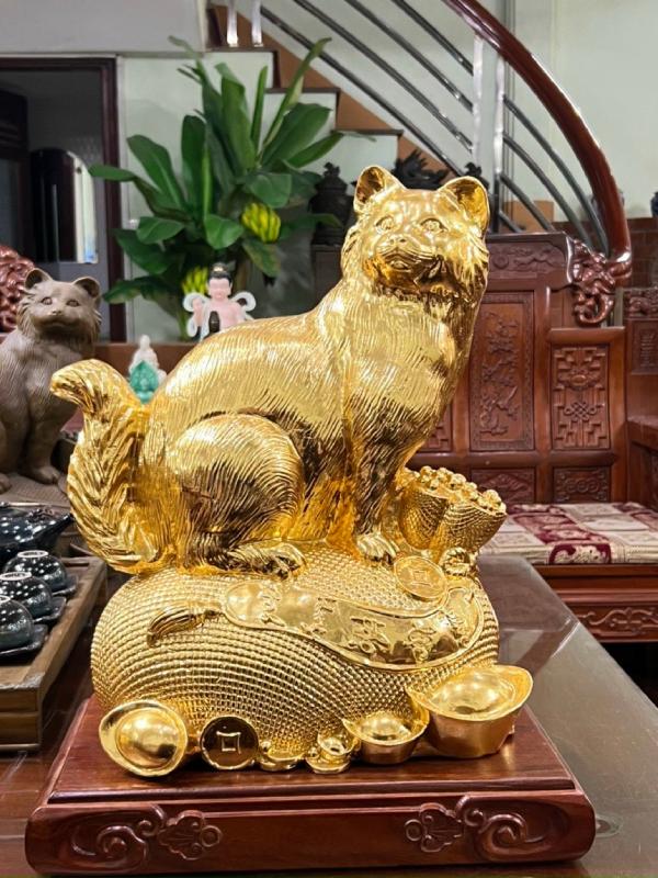 Tượng Mèo Bằng Đồng Đứng Túi Tiền Dát Vàng 9999