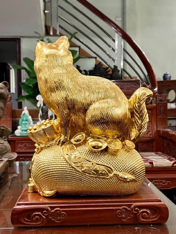 Tượng Mèo Bằng Đồng Đứng Túi Tiền Dát Vàng 9999
