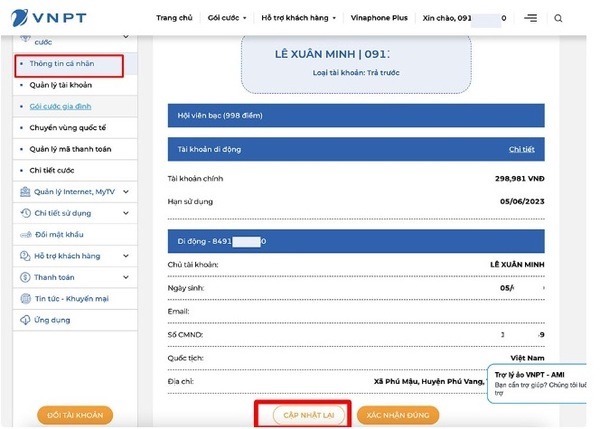 Chọn “Cập nhật lại” thông tin thuê bao tại mục “Thông tin cá nhân”