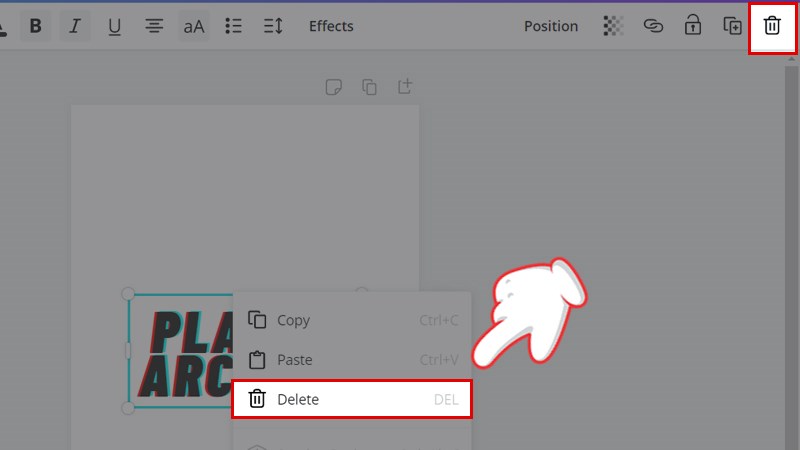 Nếu bạn muốn xóa font đã chọn thì hãy chọn chữ sau đó nhấn vào biểu tượng thùng rác hoặc ấn chuột phải và chọn Delete