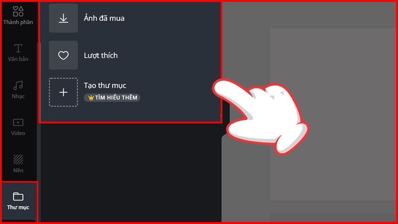 Ngoài ra trên Canva còn có mục Tạo thư mục nhằm mục đích lưu trữ các hình ảnh bạn đã mua hoặc các ảnh liên quan
