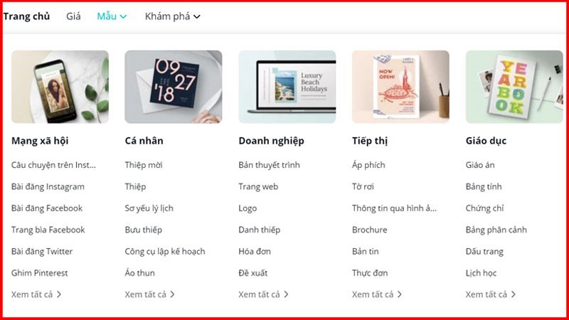 Chọn Mẫu và tùy theo nhu cầu thiết kế bạn sẽ có các đề mục có sẵn phía dưới để lựa chọn