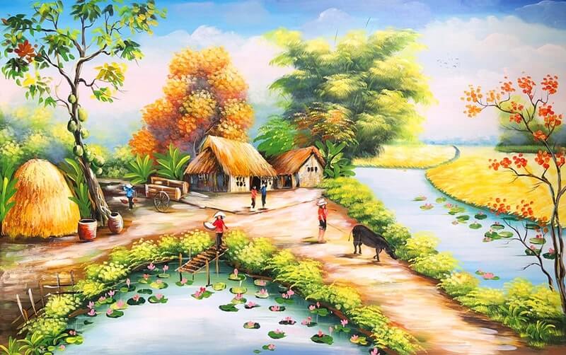 Tranh phong cảnh làng quê vẽ tay 2
