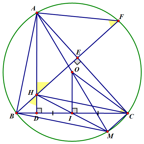 Cho đường tr&ograve;n (left( O right)), b&aacute;n k&iacute;nh (R,,left( {R > 0} right)) v&agrave; d&acirc;y cung (BC) cố định. Một điểm (A) chuyển động tr&ecirc;n cung lớn (BC) sao cho tam gi&aacute;c (ABC) c&oacute; ba g&oacute;c nhọn. Kẻ c&aacute;c đường cao (AD,,,BE) của tam gi&aacute;c (ABC) cắt nhau tại (H) v&agrave; (BE) cắt đường tr&ograve;n (left( O right)) tại (F)(left( F right.) kh&aacute;c (left. B right).)

a) Chứng minh rằng tứ gi&aacute;c (DHEC) nội tiếp.

b) Kẻ đường k&iacute;nh (AM) của đường tr&ograve;n (left( O right)) v&agrave; (OI) vu&ocirc;ng g&oacute;c với (BC) tại (I). Chứng minh (I) l&agrave; trung điểm của (HM) v&agrave; t&iacute;nh [AF] biết (BC = Rsqrt 3 .)

c) Khi (BC) cố định, x&aacute;c định vị tr&iacute; của (A) tr&ecirc;n đường tr&ograve;n (left( O right)) để (DH cdot DA) lớn nhất.