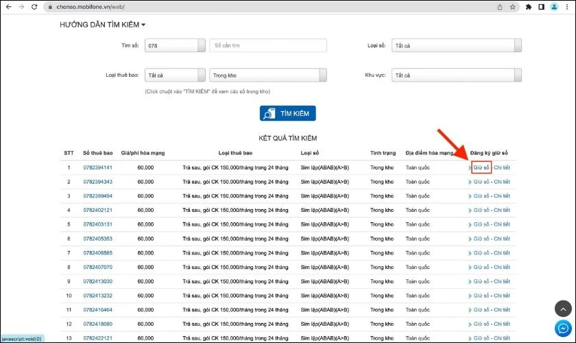 chọn giữ số cho số điện thoại mình muốn