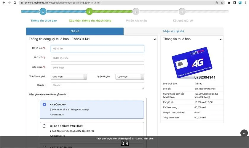 nhập thông tin chủ thuê bao và địa điểm nhận sim
