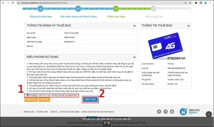 nhấn tiếp theo để hoàn tất giữ số