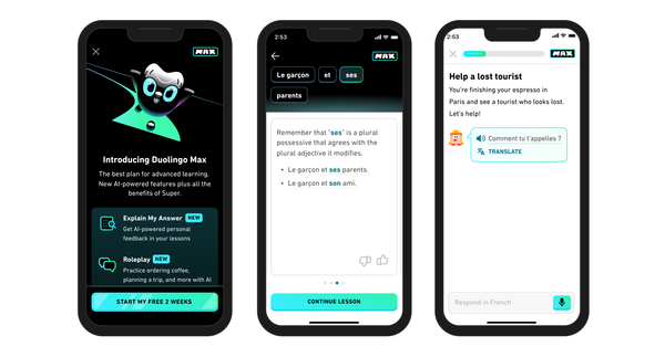 3 iPhone screens. The first shows a learner’s path in the French course. We are hovering over a node with a video camera icon — the hover state says “Video call: Lily” and has the Duolingo Max logo. You can Call or Skip. The other 2 screens show the call in action: the middle screen shows Lily’s avatar and reads “Calling Lily…” with a red button at the bottom of the screen where the learner can “hang up.” The third screen shows Lily filling the screen, her mouth is open as she’s mid-conversation with the learner.
