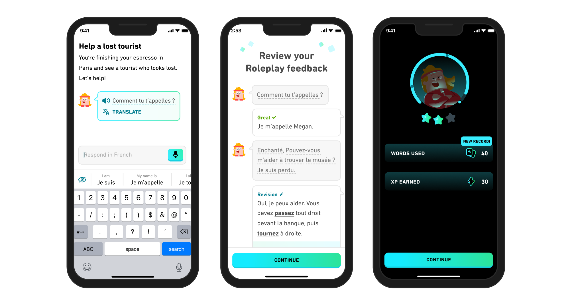 Three phone screens showing the Role Play experience. After finishing a conversation with the character, an avatar pops up and analyzes the learner