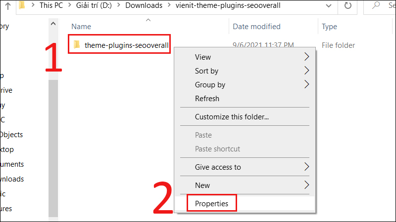 Click chuột phải vào thư mục cần chia sẻ, chọn Properties
