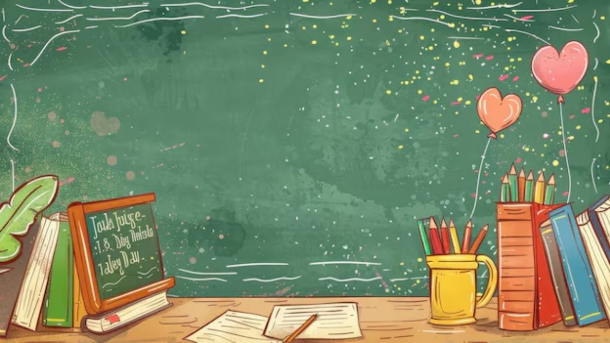 Mẫu PowerPoint 20/11 với hình ảnh bảng đen, sách, bút chì màu, bóng bay hình trái tim, tạo nên không khí ngày Nhà giáo Việt Nam.