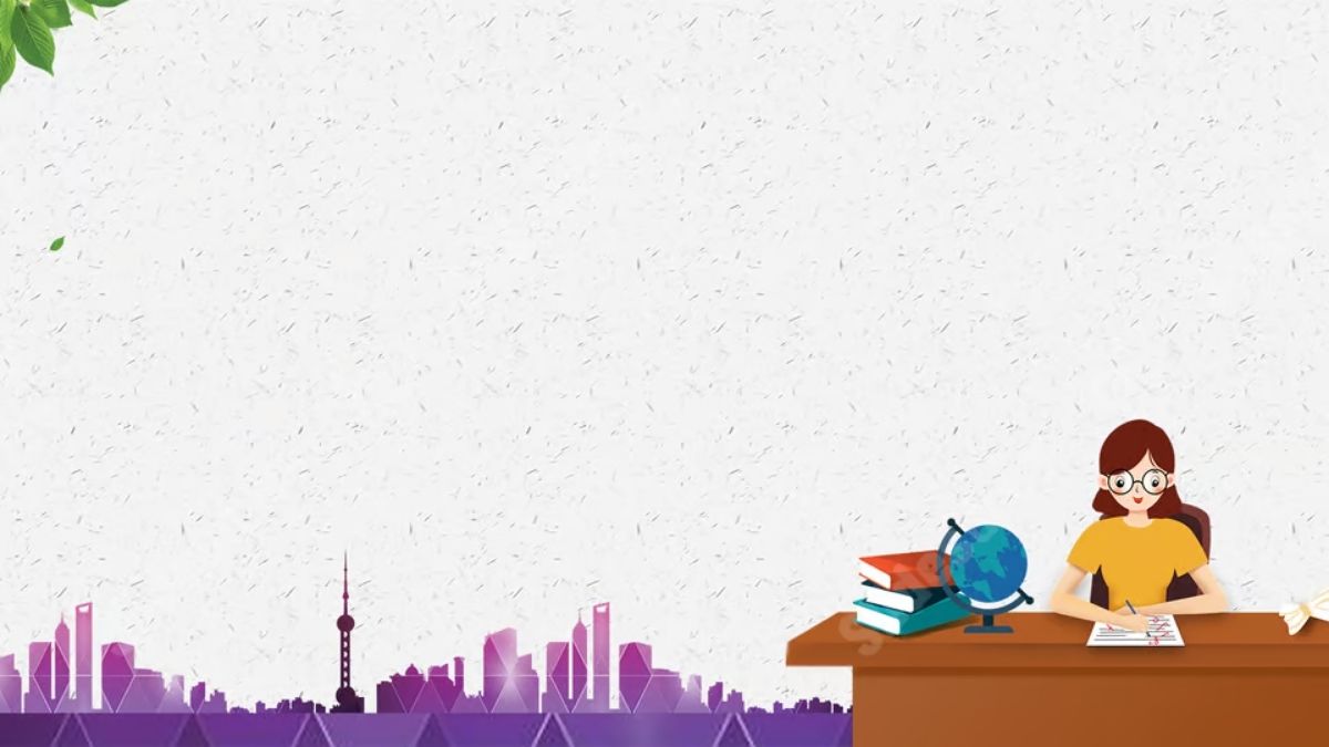 Mẫu PowerPoint 20/11 cùng hình ảnh cô giáo ngồi trên bục giảng, chấm bài, với phông nền thành phố.