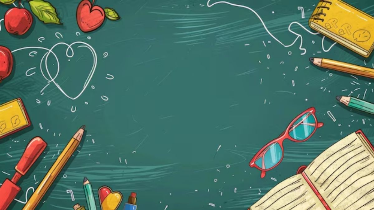 Hình ảnh với hình vẽ bảng đen, bút chì, sách vở, kính mắt, tạo nên không gian học tập sinh động. Phù hợp với slide giới thiệu về trường lớp, giáo dục, hoặc chúc mừng ngày Nhà giáo Việt Nam.