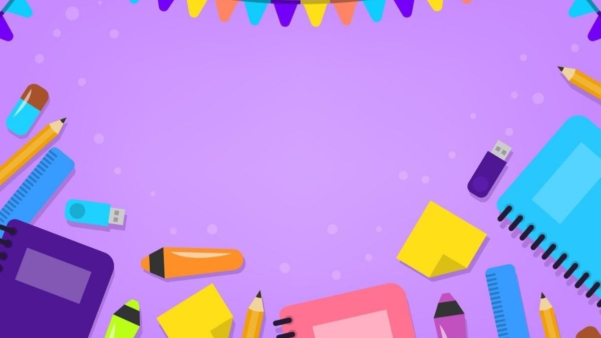 Hình ảnh với phông nền tím cùng các dụng cụ học tập và dây cờ trang trí tạo nên một khung cảnh vui tươi, phù hợp với slide chào mừng, chúc mừng hoặc giới thiệu về ngày Nhà giáo Việt Nam 20/11.