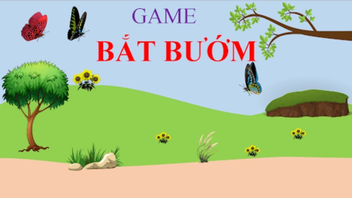 Slide trò chơi bắt bướm với cảnh thiên nhiên xung quanh cùng những chú bướm nhiều màu sắc