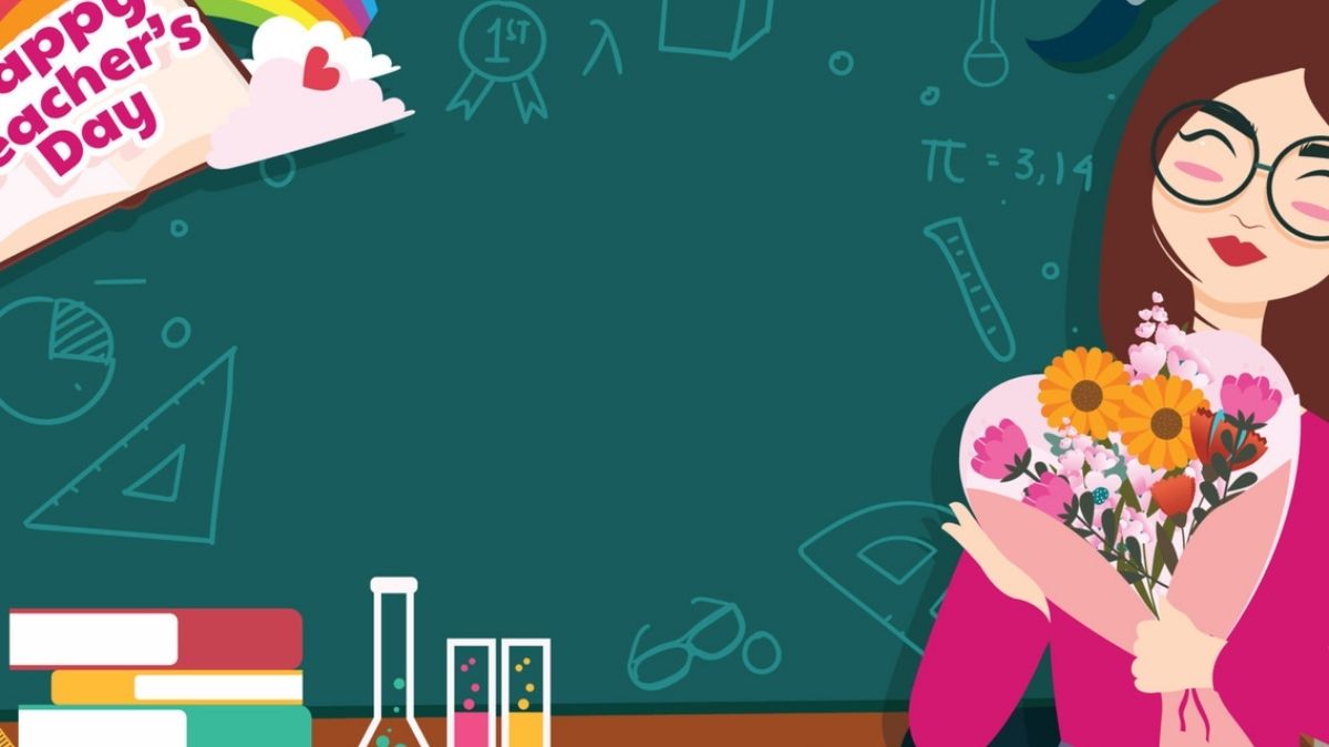 Hình ảnh hoạt hình giáo viên hạnh phúc với bó hoa ngày nhà giáo cùng những công cụ học tập