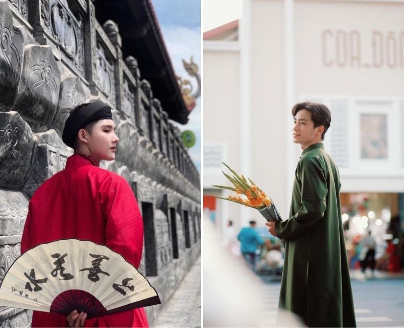 chụp ảnh áo dài tết cho nam từ sau lưng