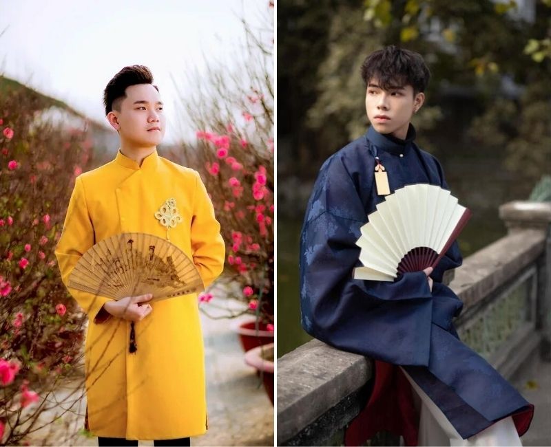 tạo dáng chụp ảnh tết với quạt cho nam