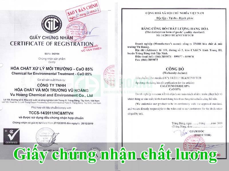 Giấy công bố chất lượng vôi sống CaO 85% Vũ Hoàng