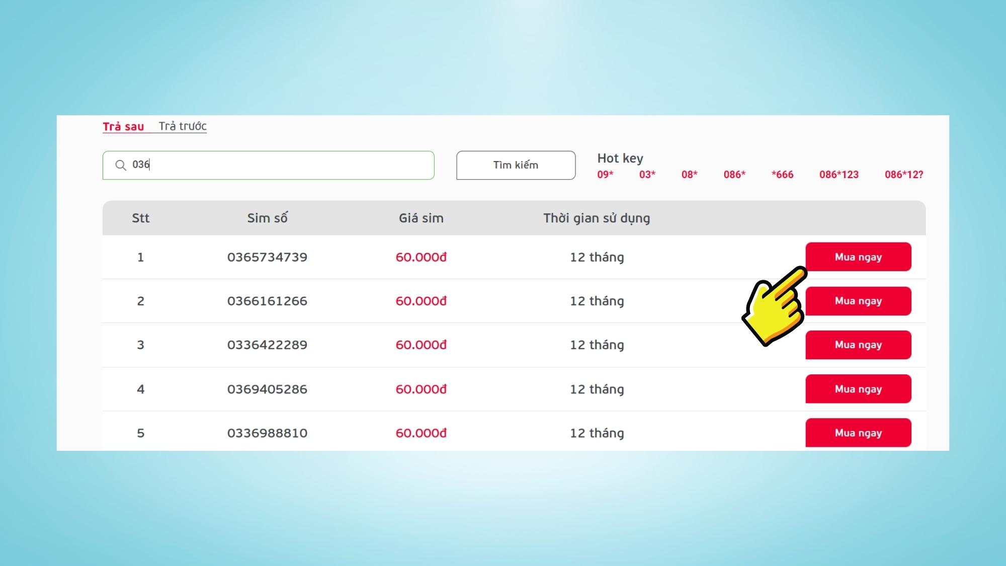 Mua sim đầu số 036 bằng hình thức Online - Bước 3