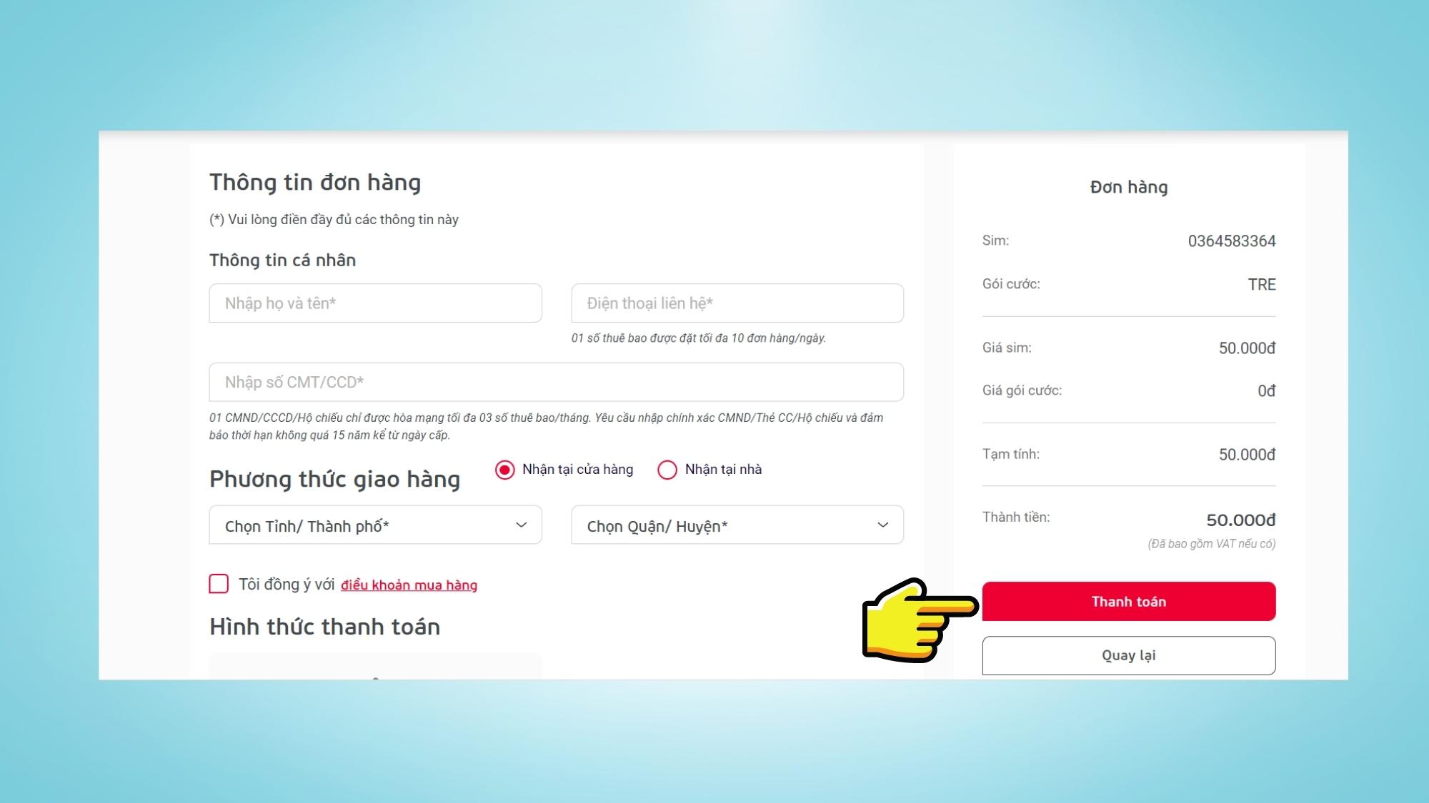 Mua sim đầu số 036 bằng hình thức Online - Bước 4