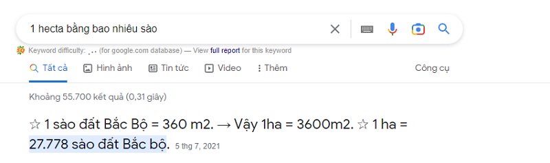 Chuyển đổi đơn vị diện tích thông qua Google nhanh chóng. (Ảnh: Sưu tầm internet)