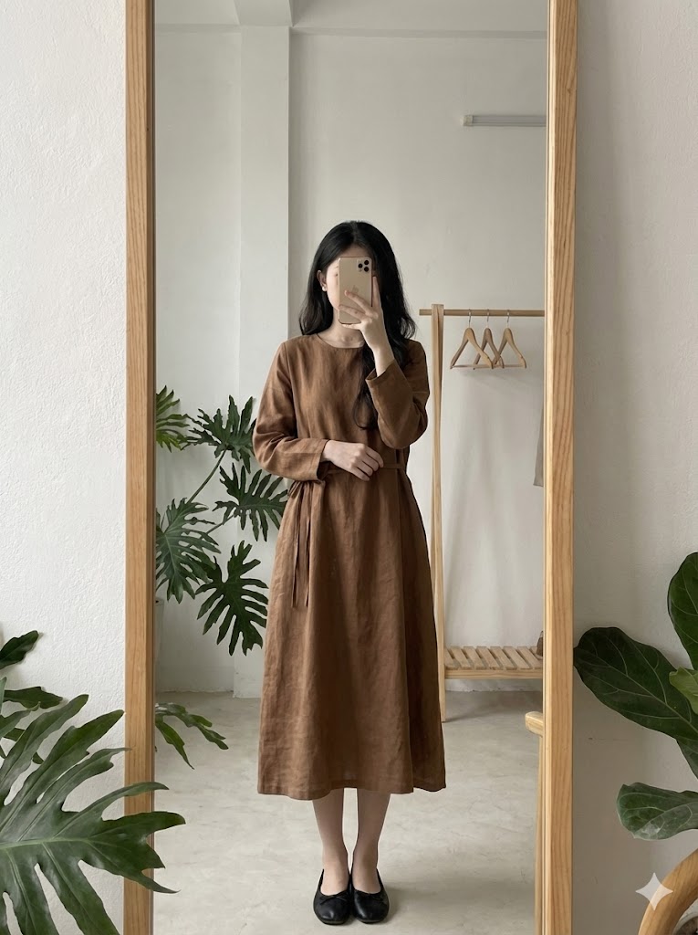 Phong cách 17: Selfie trước gương, váy nâu nhẹ nhàng, không gian có cây xanh