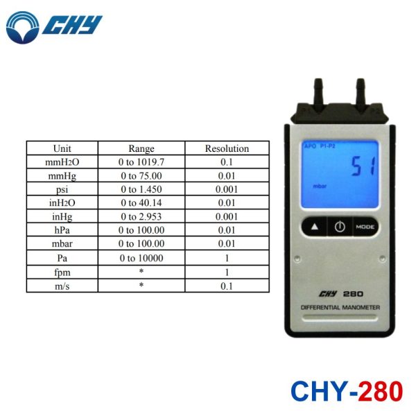 Máy đo áp suất không khí CHY CHY-280, máy đo chênh lệch áp suất CHY 280, CHY 280 Differential Manometer