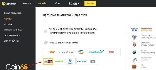 Nạp tiền vào tài khoản Binomo