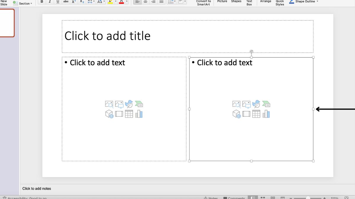 Chọn phần mong muốn trên màn hình slide layout