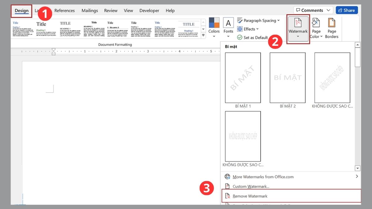 Xóa watermark trong Word 2019, 2016 và 2013