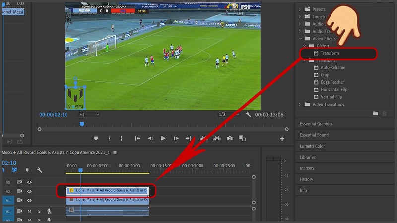 Nhấn và kéo thả hiệu ứng Transform vào frame video trên