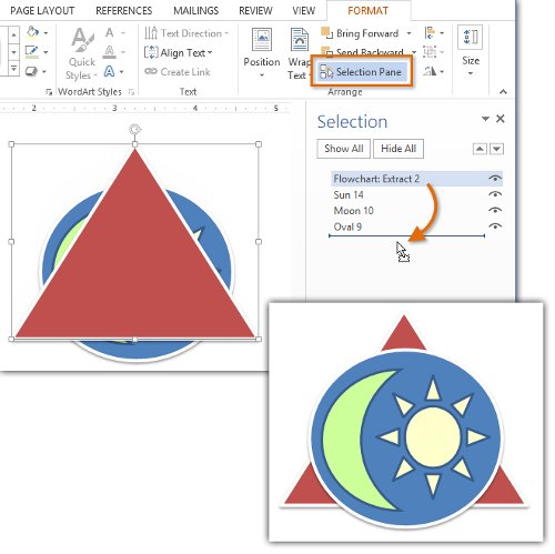 Nhấn vào ô Selection Pane trên tab Format.