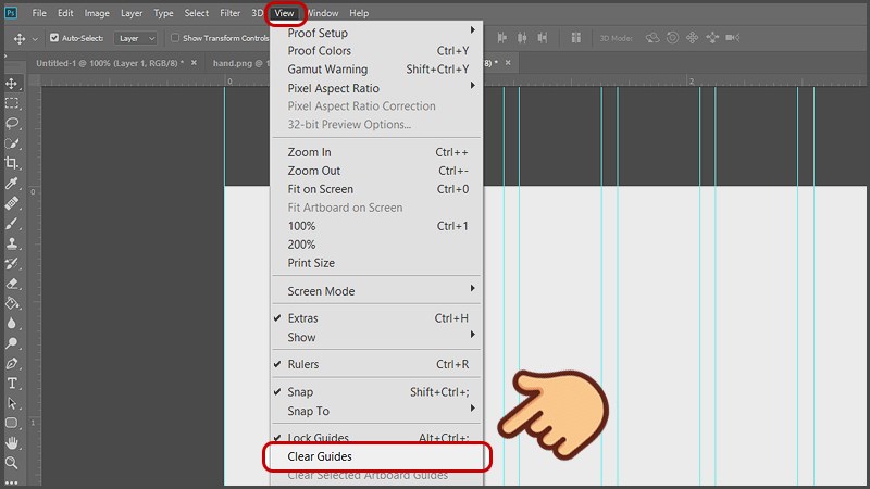 Trên thanh công cụ bạn hãy chọn View và chọn Clear Guides để xóa tất cả đường gióng