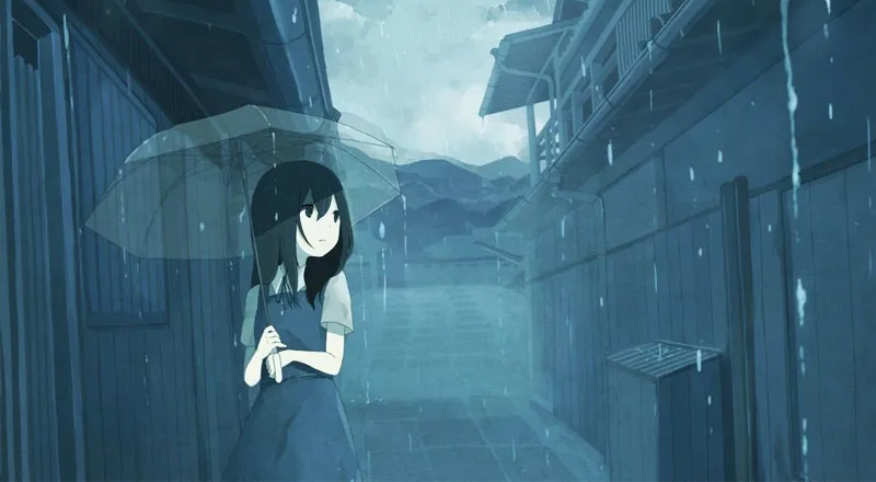 Ảnh anime buồn khóc dưới mưa gắn với tông màu trầm