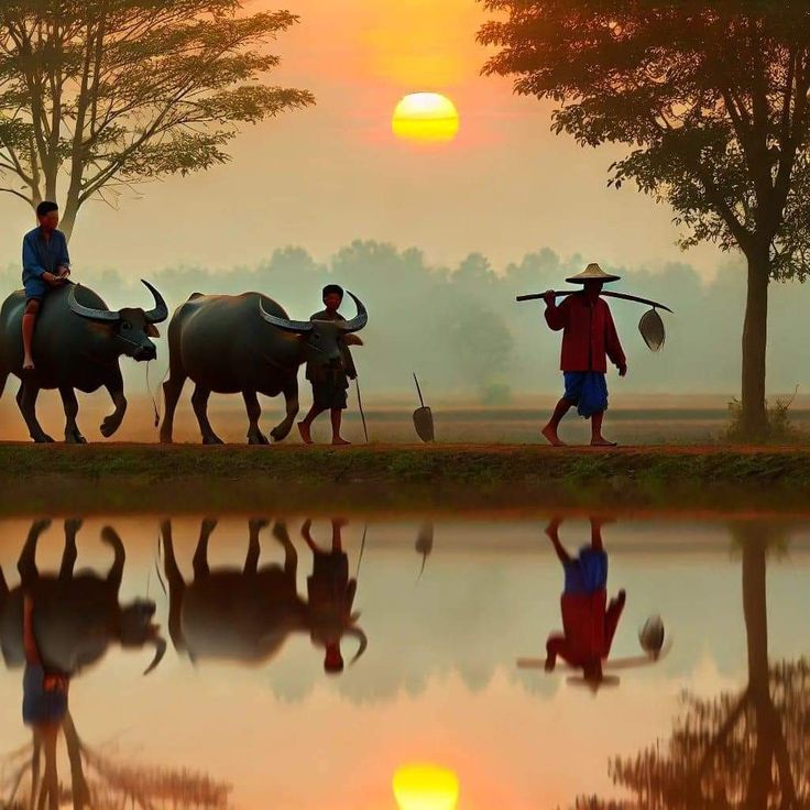 Ảnh đồng quê khi trẻ em chơi đùa dưới ánh hoàng hôn đỏ