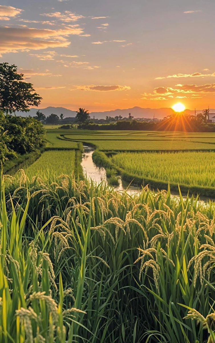 Cảnh đồng quê lúc sáng sớm lúa còn ướt đẫm sương mai