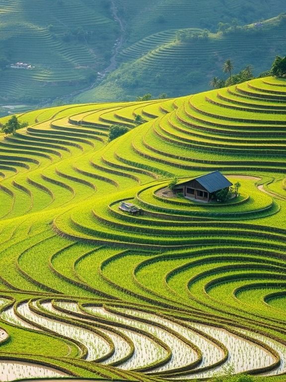 Ảnh đồng quê chill khi hoàng hôn nhuộm vàng ruộng bậc thang