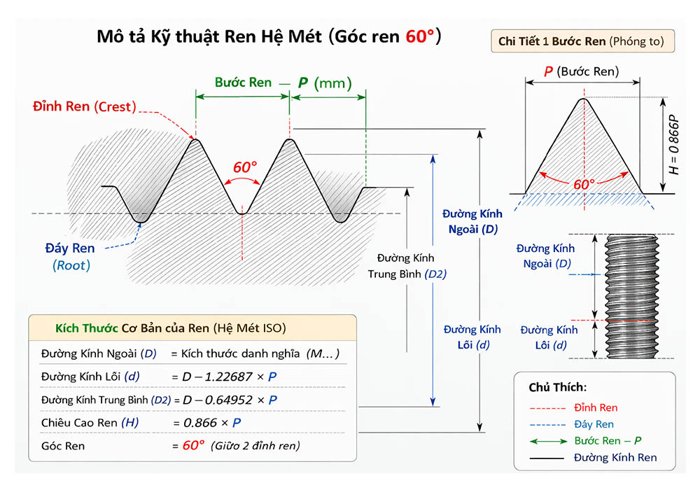 Cấu tạo ren chi tiết trong cơ khí