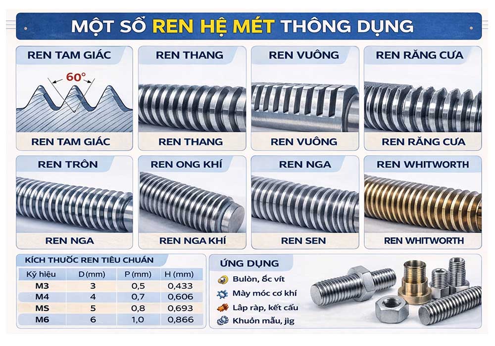 Các loại ren hệ mét thông dụng trong công nghiệp hiện nay