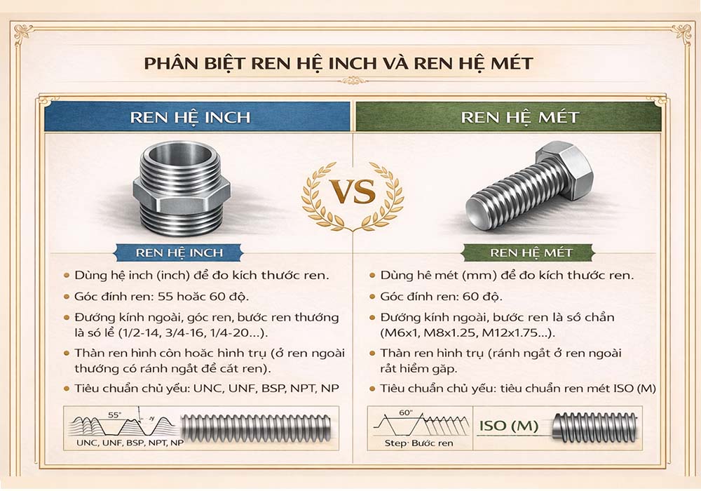 Điểm khác nhau giữa ren hệ inch và ren hệ mét