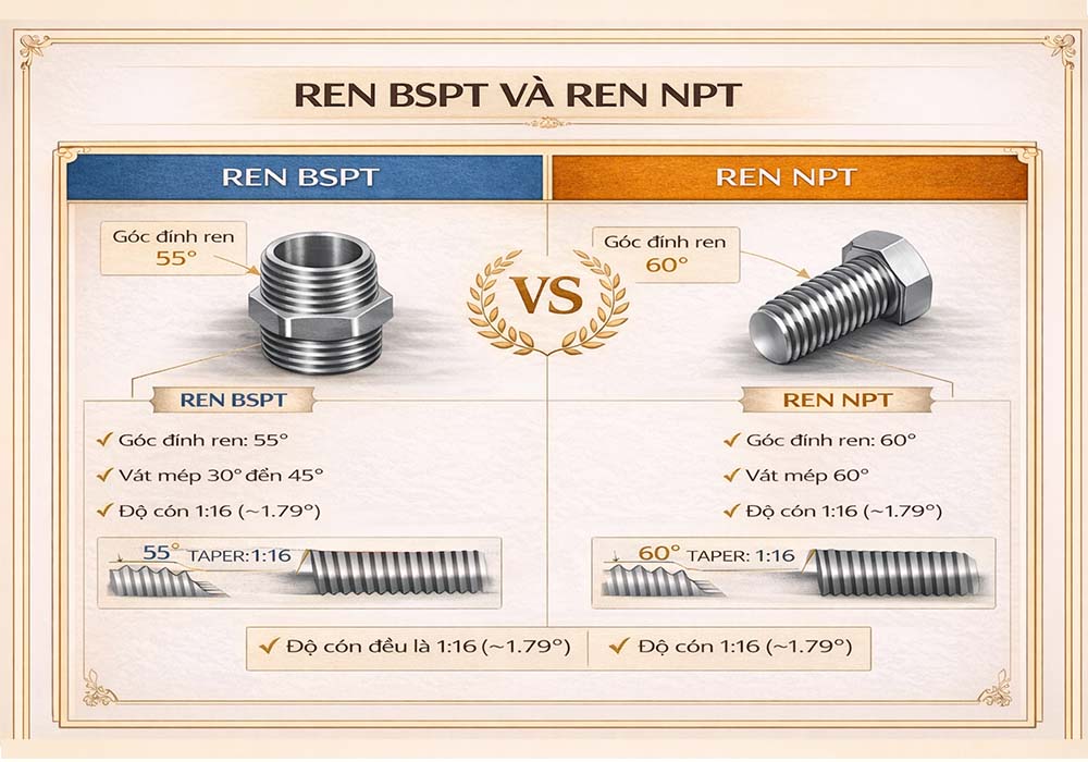 So sánh sự khác biệt giữa ren BSPT và ren ống NPT